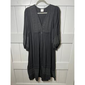 By Together 100% Cotton Button Front Midi Dress w Embroidery & 3/4 Puff Sleeve